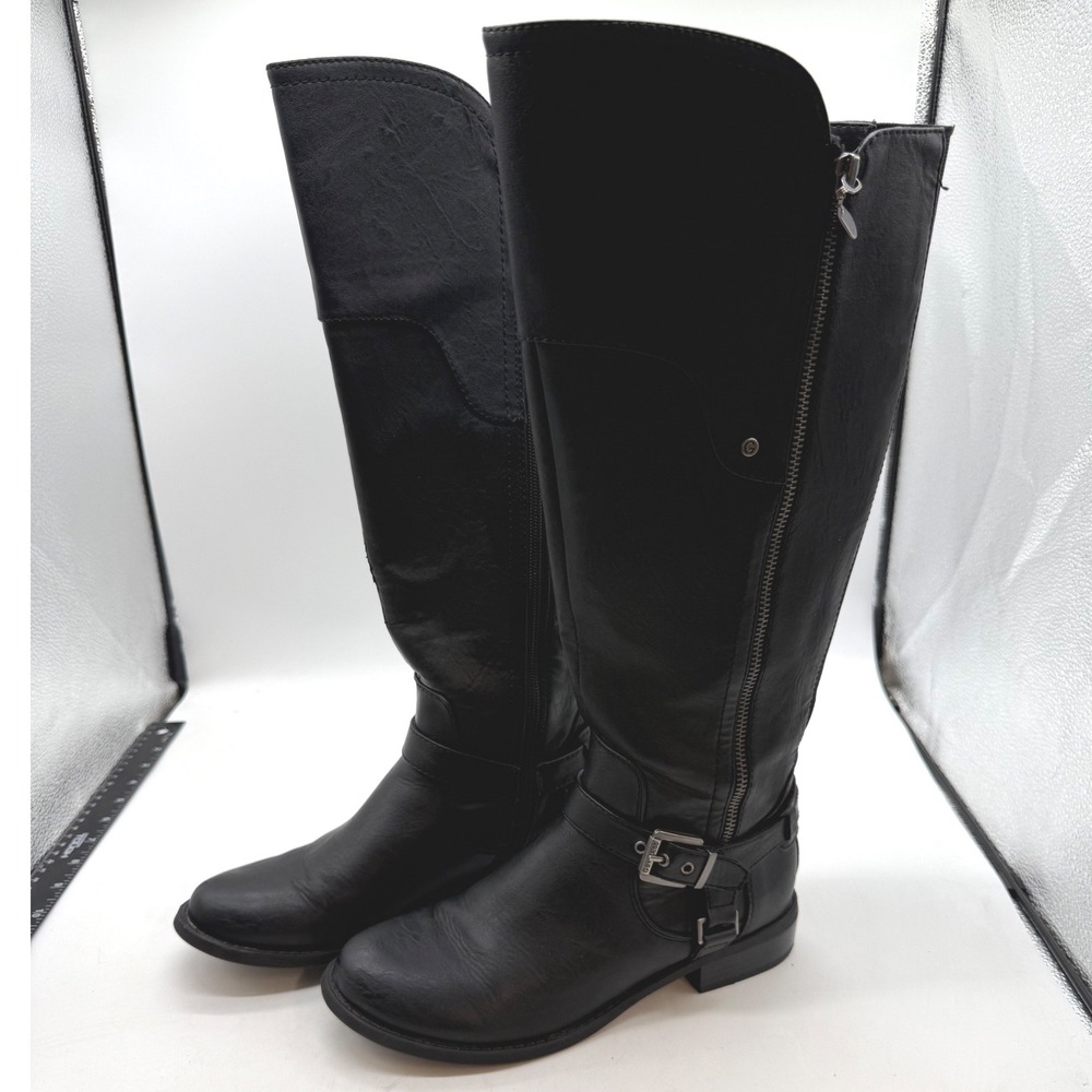 G by GUESS Womens Black Faux Leather Knee High Riding Boots Buckle biker urban